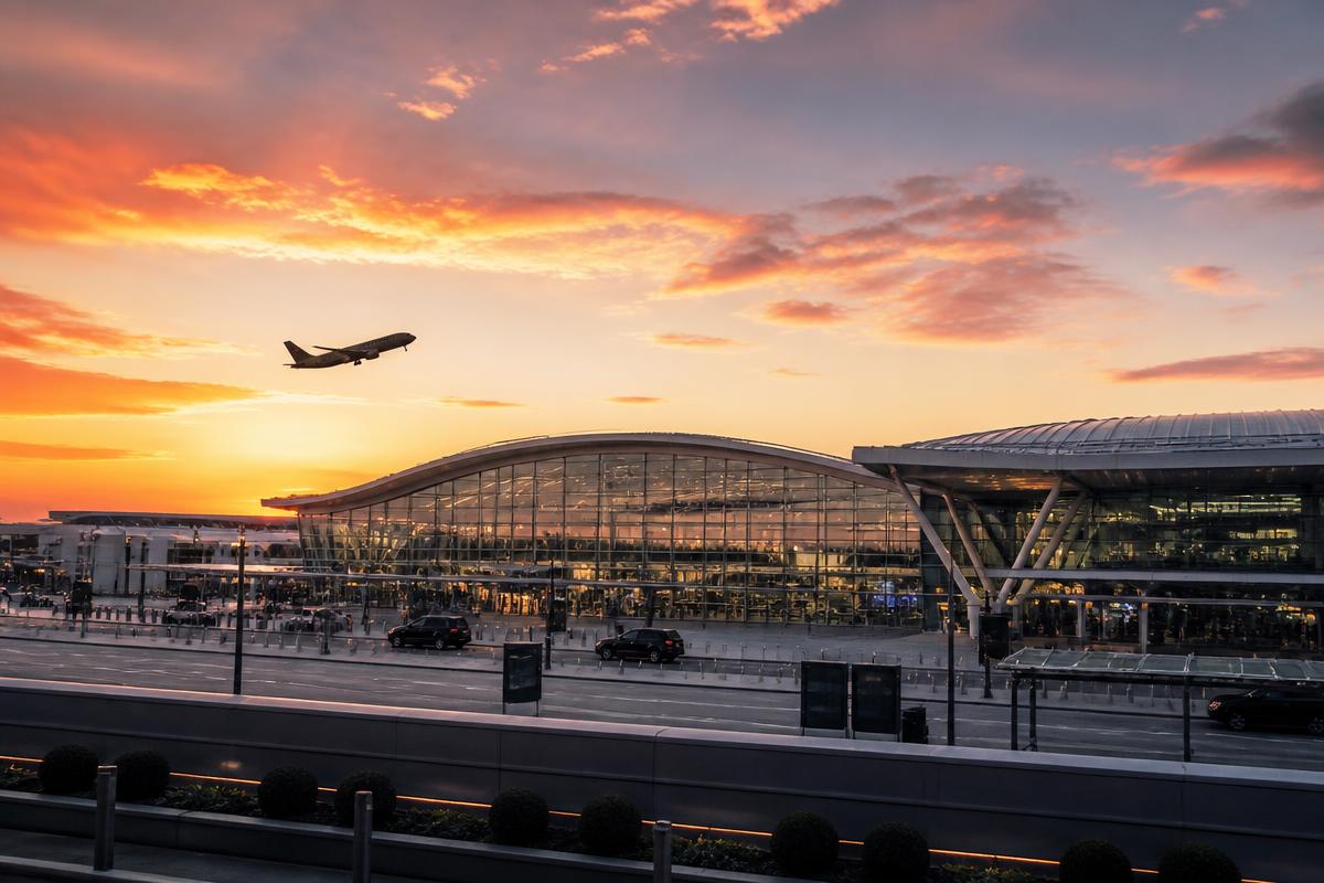 Heathrow Airport terminal at sunset