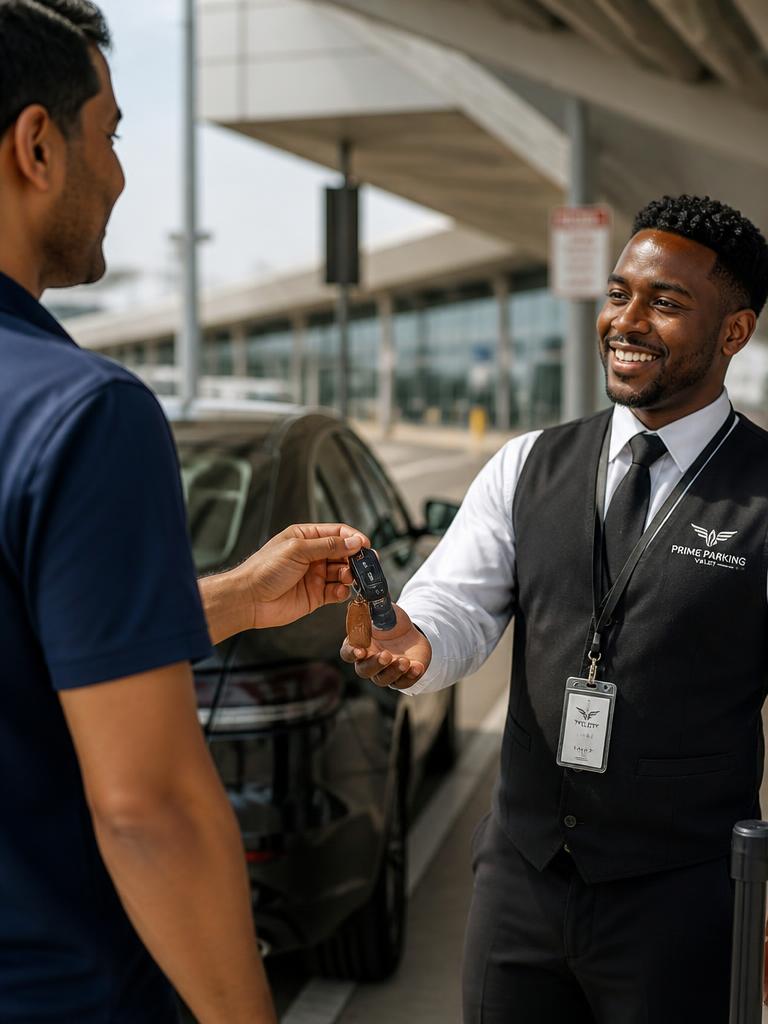 Traveller handing car keys to a parking representative outside an airport terminal