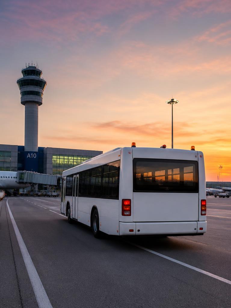 Airport transfer shuttle bus driving towards the terminal at sunset